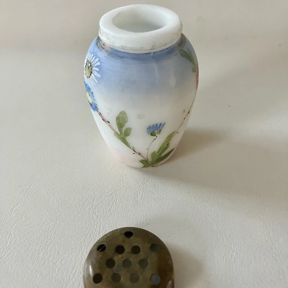 Hand-Painted Milk Glass Floral Salt Shaker with Metal Lid